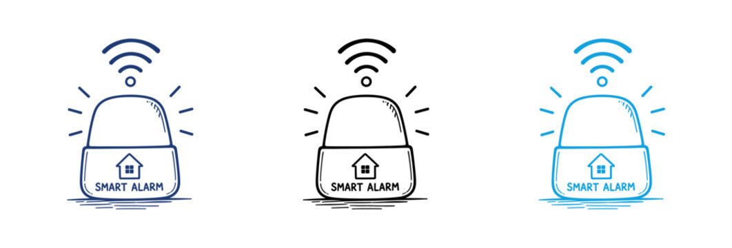 Smart home alarm system icons with wireless signal and siren light in hand drawn doodle style.