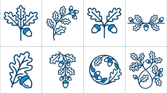Oak Leaf and Acorn Branch Line Art Vector Icon Set for Autumn Branding, Nature Illustration & Botanical Design (EPS)