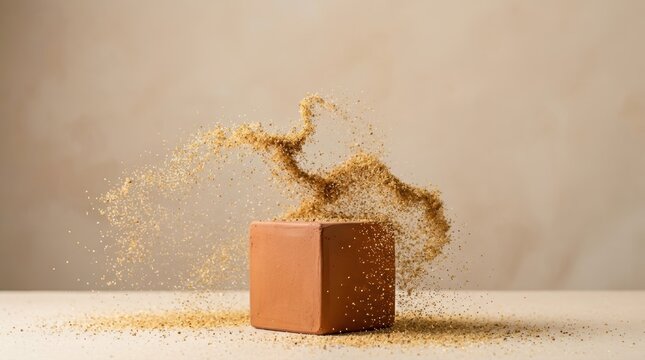 Brown display cube with sand particles scattering in air 3D render on light background