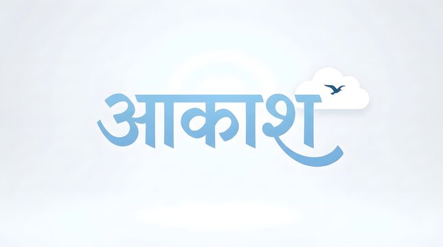 Light blue hindi word akash meaning sky with small flying bird silhouette on white background.