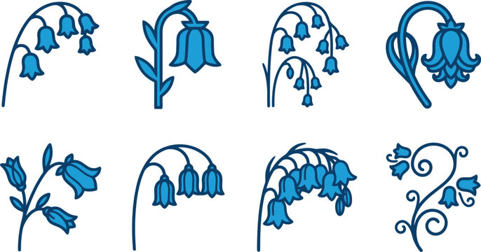 Blue Bellflower and Lily of the Valley Floral Icons Vector Set for Wedding Invitations, Spring Stationery & Botanical Branding (EPS)