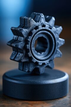 3D Printed Turbine Component on Matte Pedestal with Metal Grain Detail