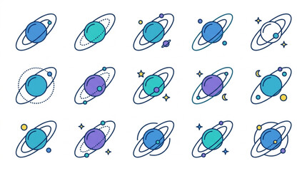 Colorful cartoon planets with rings and stars. © ynt
