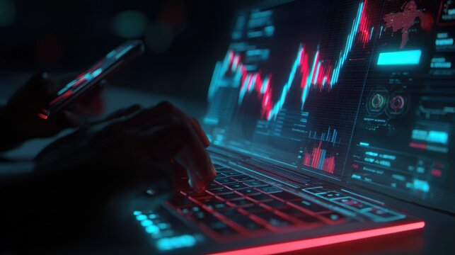 Person analyzing stock market trends on laptop with glowing red and blue graphs in a dark room