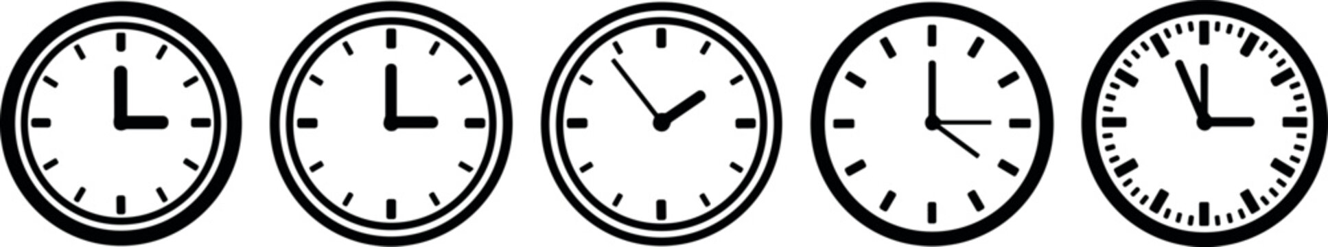 Five minimalist black and white analog wall clock icons representing global time zones in an organized and clean display.