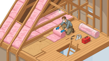 A professional worker installs fiberglass insulation in an attic to improve home energy efficiency. Isometric illustration for construction and renovation. ©  CozyVisionary