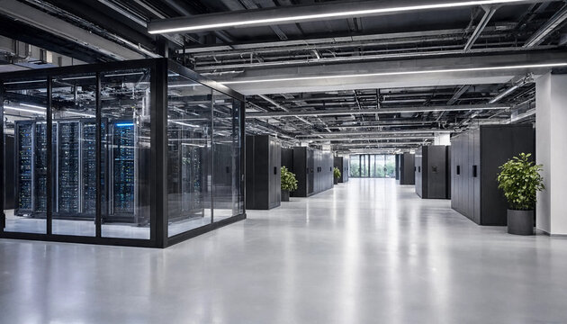 Clean modern server room facility with rows of dark computer racks and indoor potted green plants high tech technology computer infrastructure hardware greenery industrial enterprise