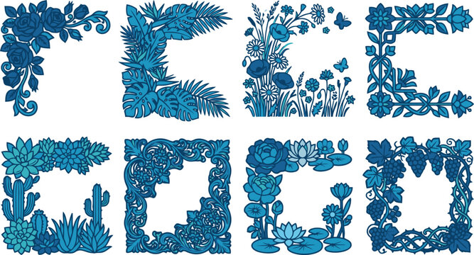 Minimalist Blue Floral Ornament and Botanical Leaf Icon Set Vector for Wedding Invitations, Beauty Branding & Elegant Stationery Design (EPS)
