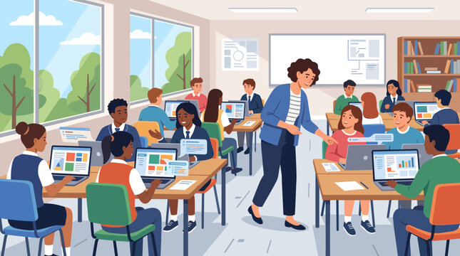 A diverse group of students and a teacher working on laptops in a modern computer lab classroom. Illustrating digital education, e-learning, and teamwork.
