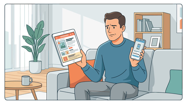 A frustrated man sits on a sofa comparing poor product reviews on his tablet and mobile phone. Ideal for themes of bad customer service, online shopping, or technical difficulties.