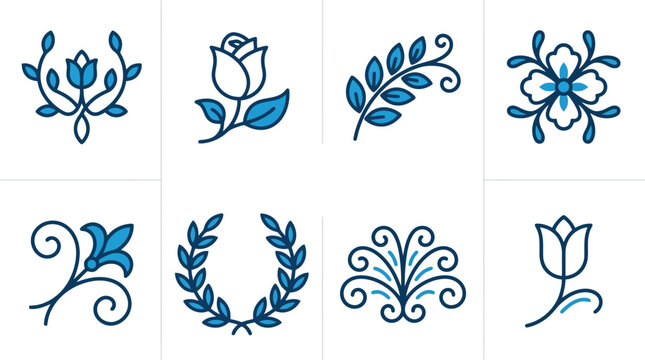 Minimalist Blue Floral Ornament and Botanical Leaf Icon Set Vector for Wedding Invitations, Beauty Branding & Elegant Stationery Design (EPS)