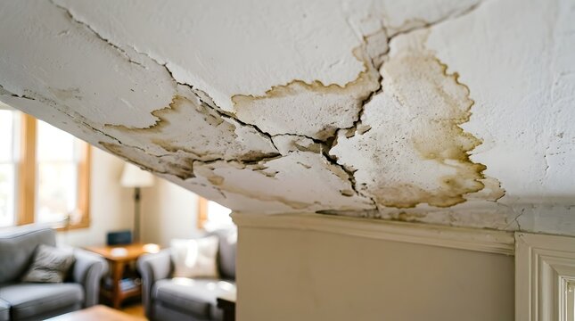 Severe water damage on ceiling with cracking paint and structural issues