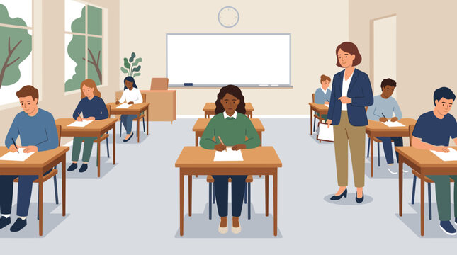 Teacher supervising diverse students taking an exam in a modern classroom. Illustration of academic evaluation, learning environment, and education.