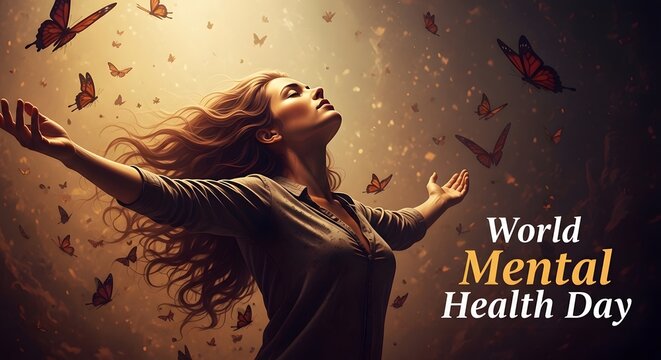 Woman with arms raised surrounded by butterflies for mental health awareness