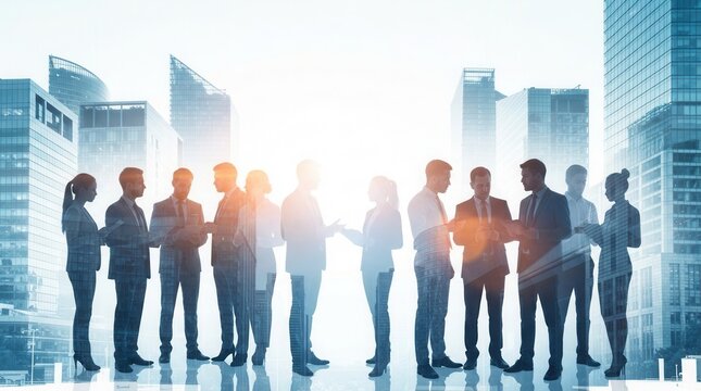 Double exposure image of many business people conference group meeting on city office building in background showing partnership success of business deal.
