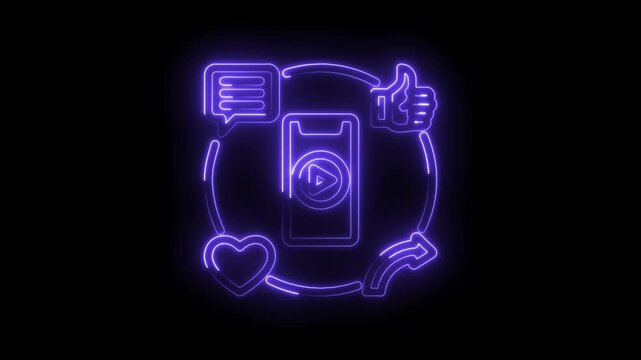 Neon social media icons loop with smartphone play button like comment heart share and refresh