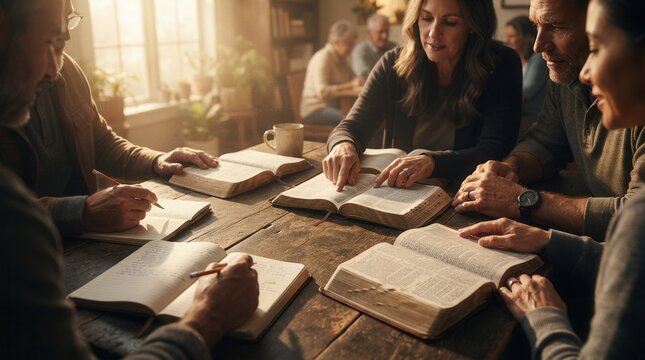 A diverse group of people reading the Bible together.