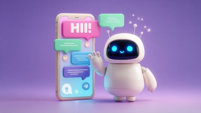 Cute robot waving beside smartphone with colorful chat bubbles on purple background