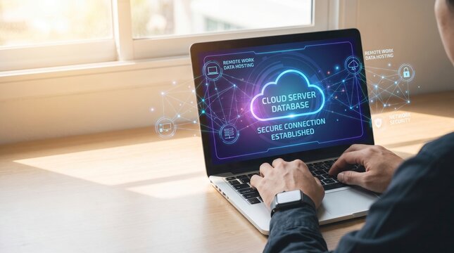 Person working on laptop with screen displaying secure connection established to cloud server database