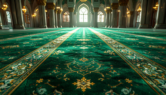 Grand hall interior with ornate green carpet and natural light