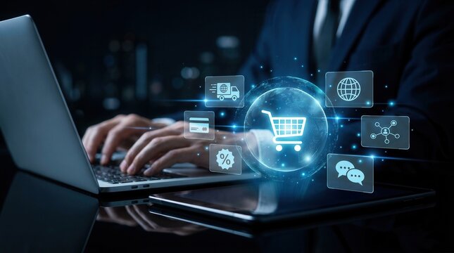 Online shopping technology and e-commerce concept featuring a digital marketplace with a shopping cart and worldwide delivery.