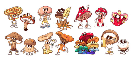 Obraz premium Mushroom cartoon set with smiling forest fungi, toadstools, colorful caps and playful characters. Stickers, kids decor and packaging feature a mushroom cartoon set, vector illustration.
