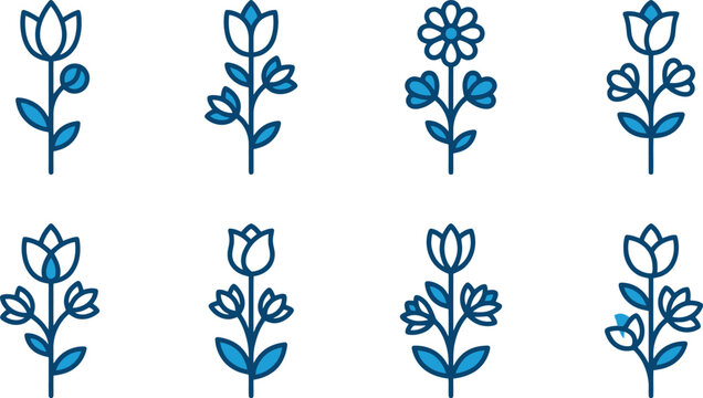 Minimalist Blue Floral Line Art Icon Set with Spring Flowers and Leaves Vector for Branding, Wedding Stationery & Web Design (EPS)