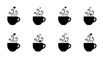 Fototapeta premium Coffee Cup Icon Set with Steam and Heart Accents, Minimalist Monochrome Design for Cafe, Love and Valentine Concept