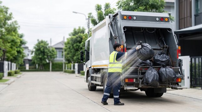 A sanitation worker in a high visibility vest loading black trash bags into a garbage collection truck in a residential neighborhood, highlighted with stylized light rays.