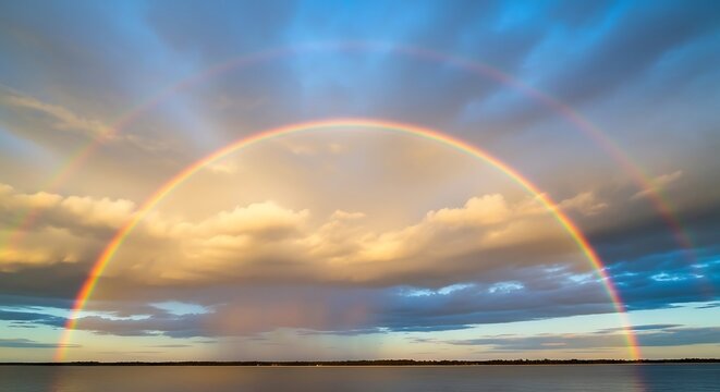 Full double rainbow appearing over a calm body of water after a storm