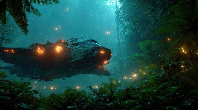 Futuristic spaceship hovering in a mystical forest with glowing lights and dense foliage