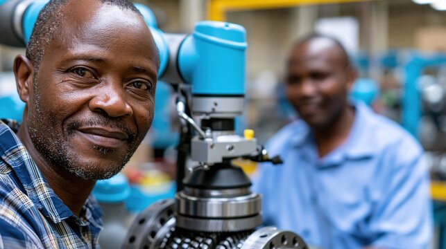 Engineer supervising collaborative robot polishing turbine component in factory