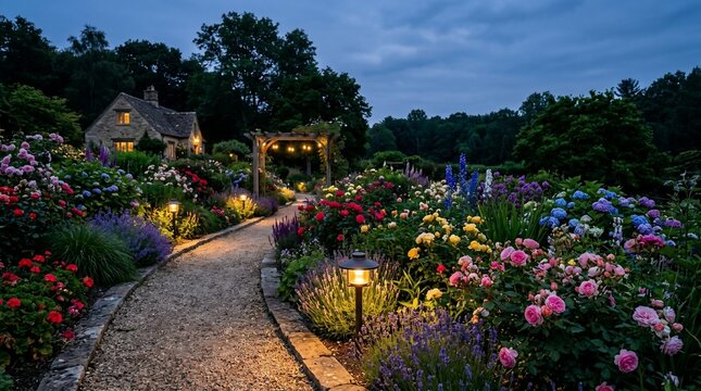 Illuminated garden path lined with colorful flowers at dusk