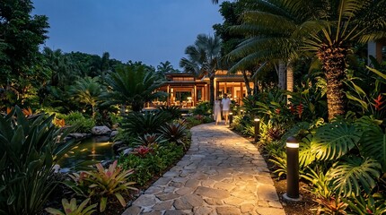 Fototapeta premium Illuminated garden path through tropical foliage at dusk