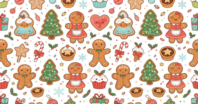 Seamless Christmas Baking Pattern Featuring Gingerbread Cookies Holiday Trees Cupcakes Candy Canes and Festive Winter Dessert Vector Background