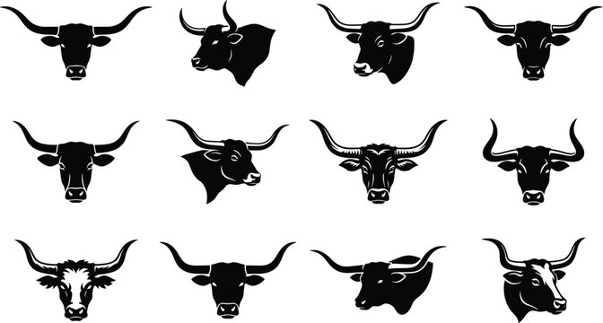 Texas Longhorn Cattle Head Silhouette Vector Set Bull Steer Horns Ranch Logo
