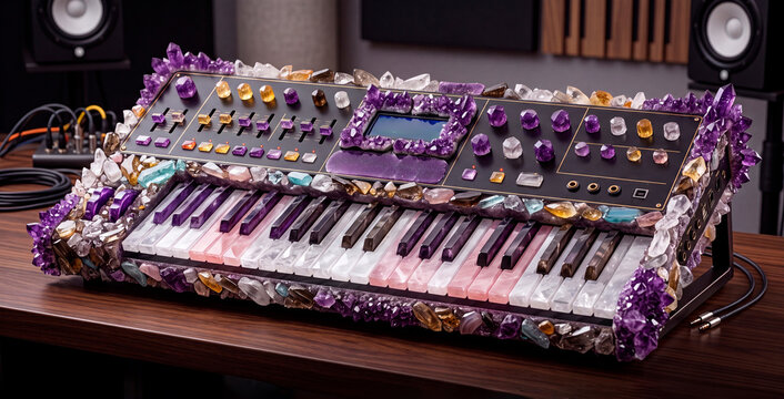Modern synthesizer keyboard made with colorful crystal gemstones and quartz at a music studio