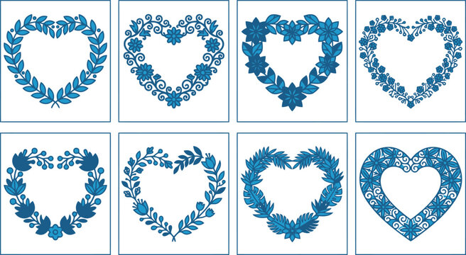 Blue Folk Art Floral Heart Wreath Vector Illustration Set for Wedding Invitations, Greeting Cards & Decorative Stationery Design (EPS)