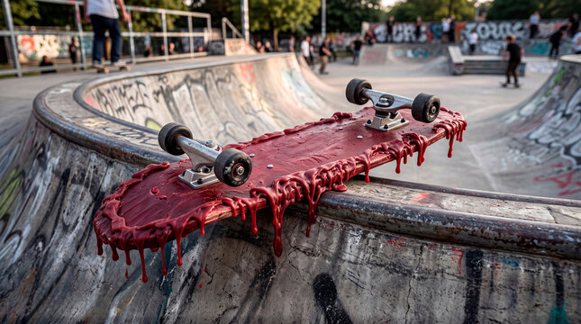 Skateboard made of melting wax on a halfpipe at a graffiti-covered skate park during the day