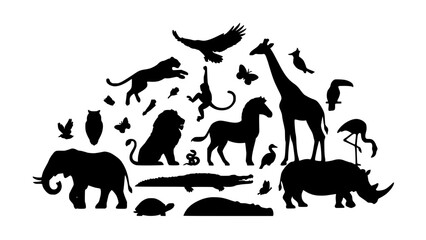 Fototapeta premium Animal Silhouettes Dense Intricate Vector Illustration Featuring Elephants Lions Birds and Other Wildlife in a Scene