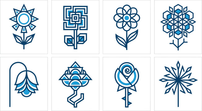 Geometric Blue Floral Line Art Vector Icon Set for Minimalist Branding, Modern Stationery Design & Creative Pattern Projects (EPS)
