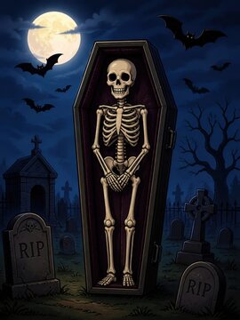 Halloween card. A funny skeleton in a coffin at a cemetery.