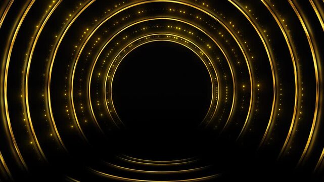 Golden concentric ring tunnel glowing arcs, dotted lights, dark center space, and luxury depth. award logo reveals, gala intros, premium titles, celebration openers, elegant motion ceremony screens.