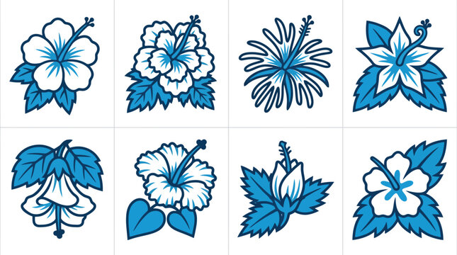 Blue Hibiscus Tropical Flower Vector Illustration Set for Summer Branding, Floral Pattern Design & Botanical Stationery (EPS)