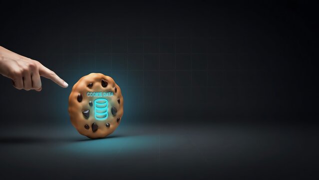 Human finger touching chocolate chip cookie representing digital data privacy tracking concept