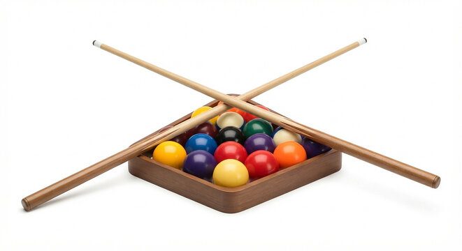 Wooden tray containing colorful glossy billiard balls arranged neatly with two crossed wooden pool cues isolated on white background