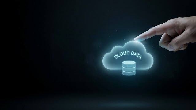 Human finger touching glowing cloud data storage icon representing digital transformation