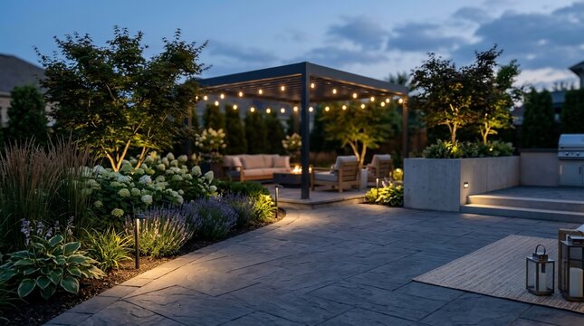 Illuminated outdoor living space with pergola and cozy seating area