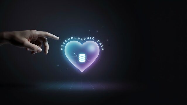 Human finger touching glowing digital heart symbol representing psychographic data analytics concept