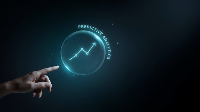 Human finger touching glowing predictive analytics sphere with rising chart symbol against dark background